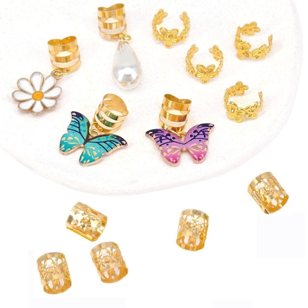 34pcs Butterfly Dreadlocks Beads Dread Locks Hair Braid Tubes Gold Hollow Out Hair Ring  Decor