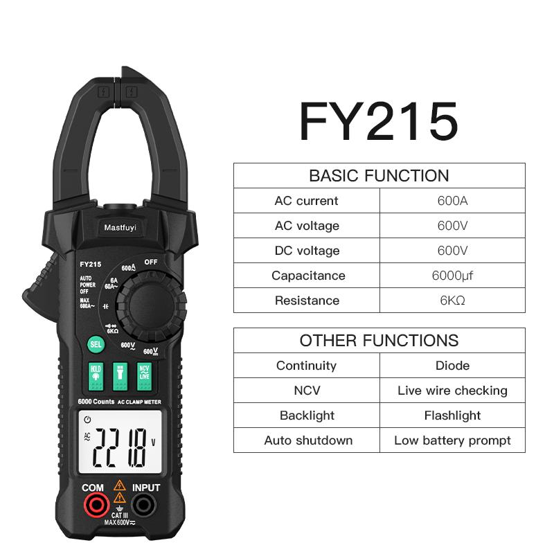 

Цифровий струмовимірювальний кліщ FY215/FY217/FY219 Універсальний вимірювач 600A Змінна напруга Мультиметр Амперметр NCV Ом Гц Тестер Детектор Mastfuyi