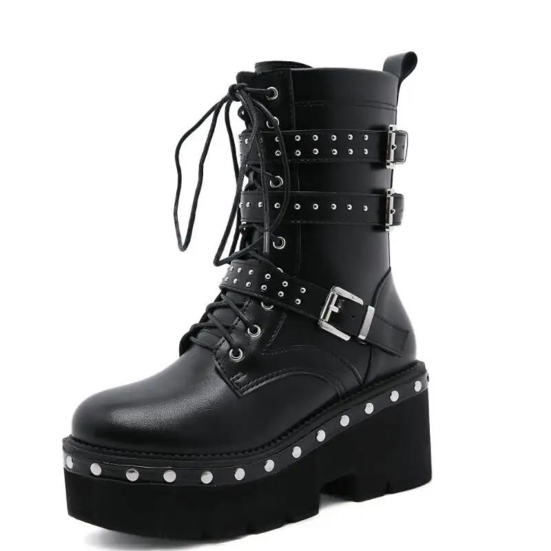 Fashion Sexy Buckle Women's winter high boots Leather Block Heel Gothic Black Punk Style Platform Shoes Female Footwear Women's shoes