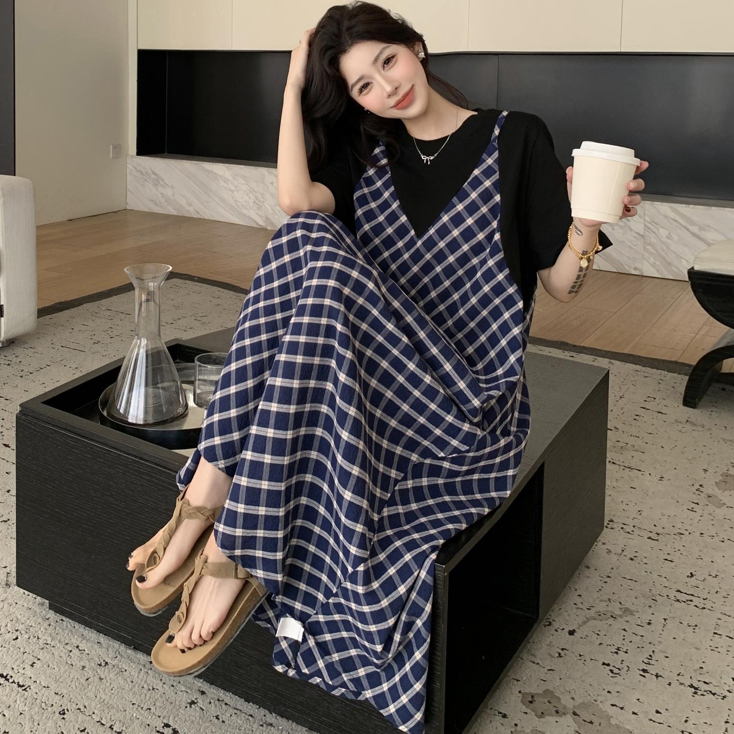 

DIMANAF 2025 Summer Plus Size Dress Women Casual Vintage Plaid Dress Basic Long Elegant Loose Fake Two-Piece Dress 3XL синий