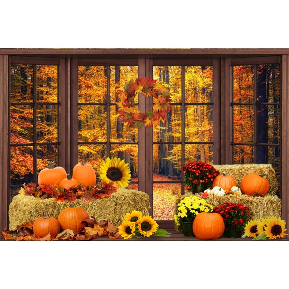 Autumn Forest Window Photography Backdrop Fall Maple Leaves Pumpkin Harvest Thanksgiving Kids Portrait Photo Background Decor
