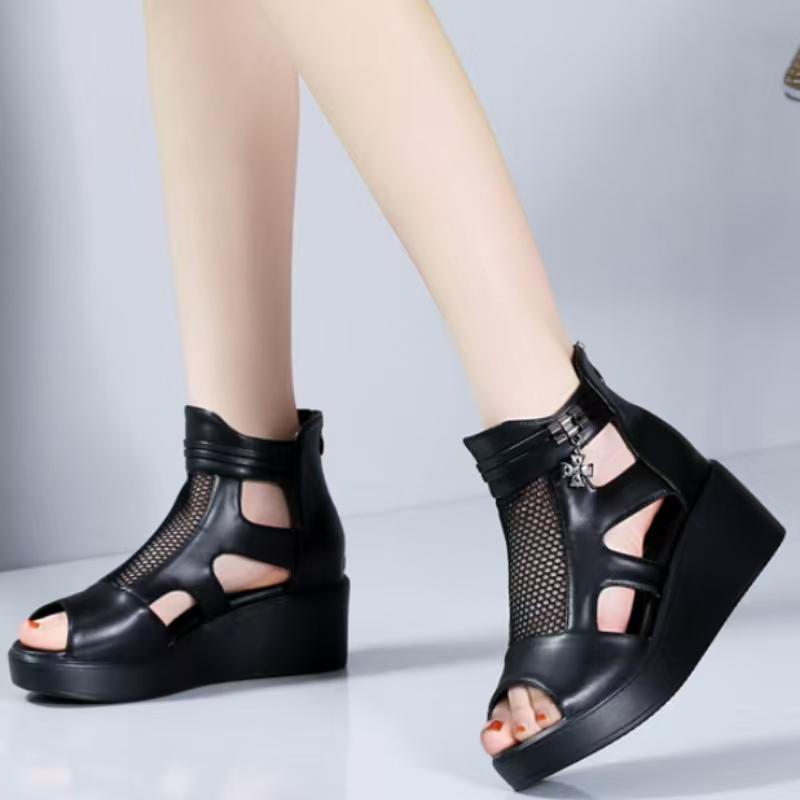 Dámské Jaro Léto Síťované Peep Toe Velké Velikosti Cool Kozačky Silná Podrážka Protiskluzové Duté Krytý Podpatek Kotníkové Boty Klínky Sandály