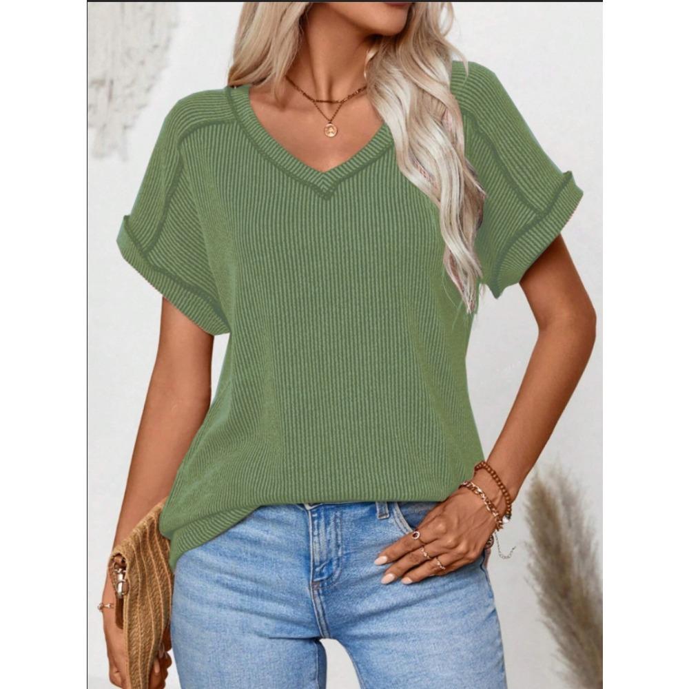GMXIA Spring Summer Fashion Two-color Twist Short Sleeve V-neck Top T-shirt for Women