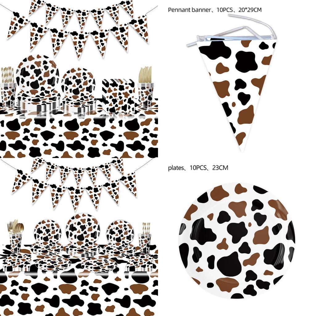 High-quality Party Tableware Set Black Brown Cow Print Paper Plates Cups And Utensils