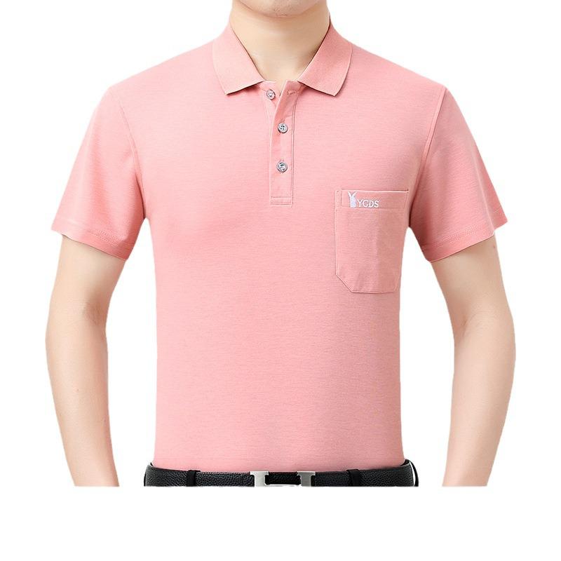 Tricou bărbătesc din mătase glacială cu rever și buzunare reale pentru persoane de vârstă mijlocie și vârstnici - cămașă de vară cu mânecă scurtă