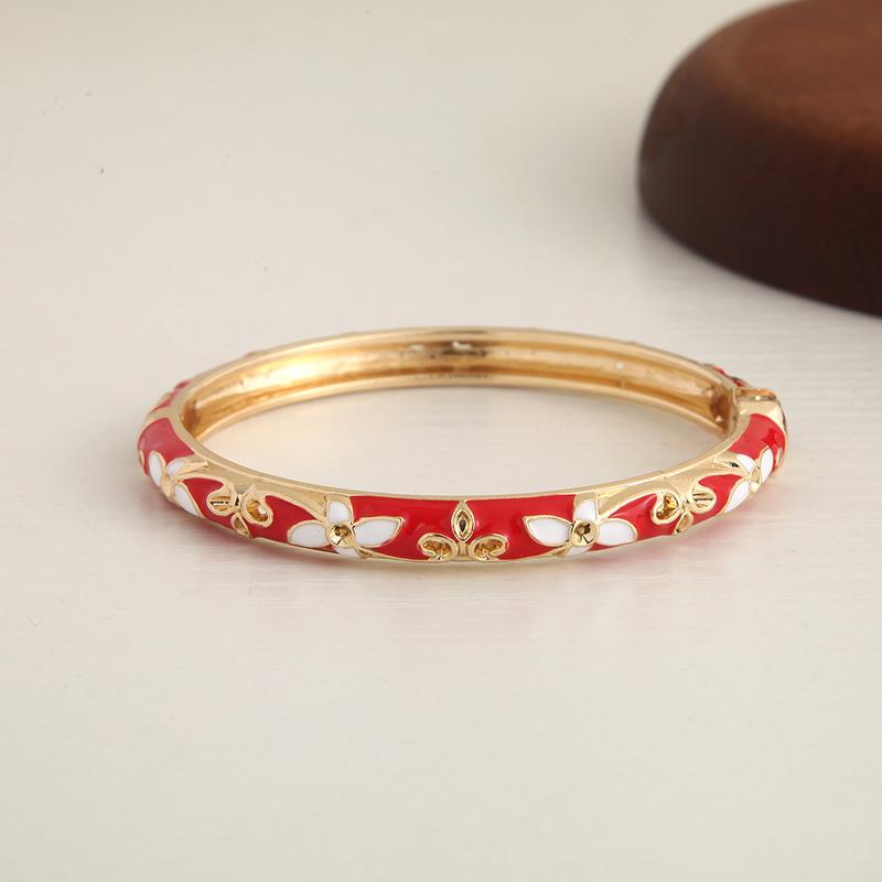 Enamel Floral Bangle Bracelet Gold-Tone Accent Vintage Open Cuff Elegant Bohemian Jewelry For Women Daily Party Gift