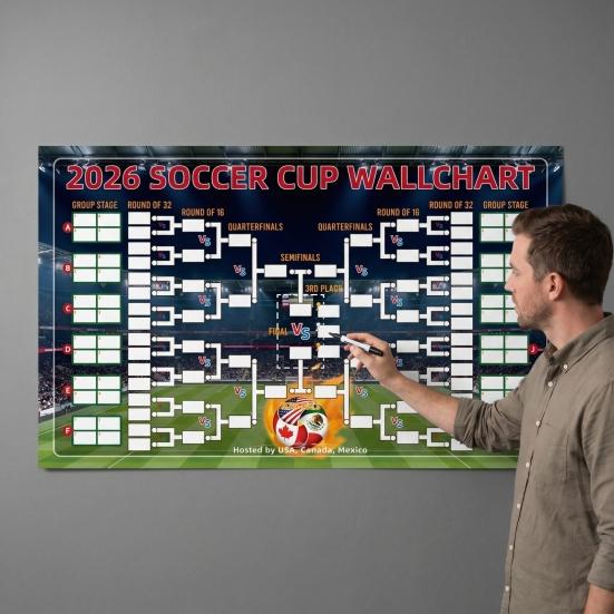 Voetbal Wandkaart Poster, Knock-out Schema En Finale Volg Wandvlag, Herbruikbare Waterdichte Polyester Wandtapijt voor Wedstrijdresultaten Registratie
