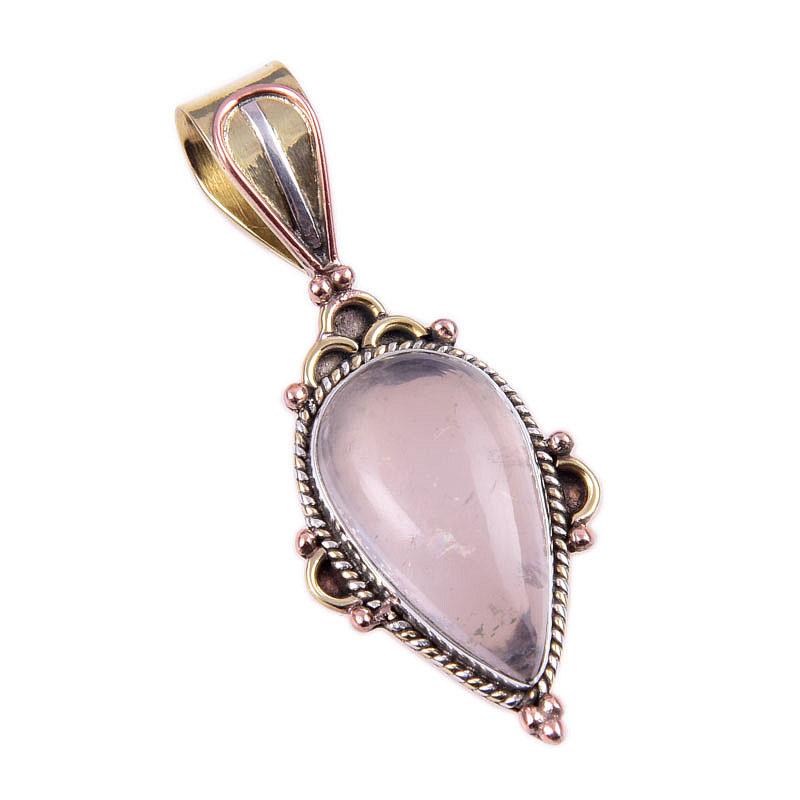 Natural Rose Quartz 925 Solid Sterling Silver Jewelry TwoTone Pendant 1.50" O7R12
