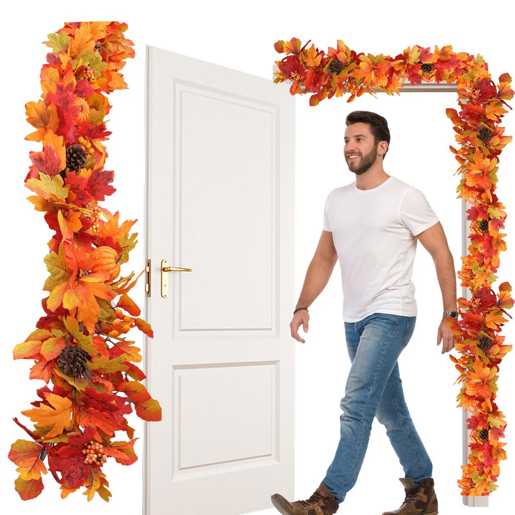 Maple Leaves Pumpkins Wreath Reusable Simulation Autumn Leaf Garland Artificial Autumn Foliage Garland Indoor Outdoor Fall Decor