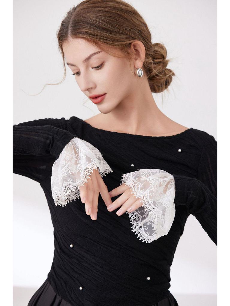 Lace Mesh Embroidered Double-Layer Sleeves with Cuffs 