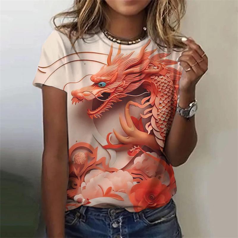 Round Neck 3D Dragon Printed Top Fashionable Casual Short Sleeved Women's T-shirts - Soft Medium Stretch Polyester Fabric Summer Relaxed Fit Clothing