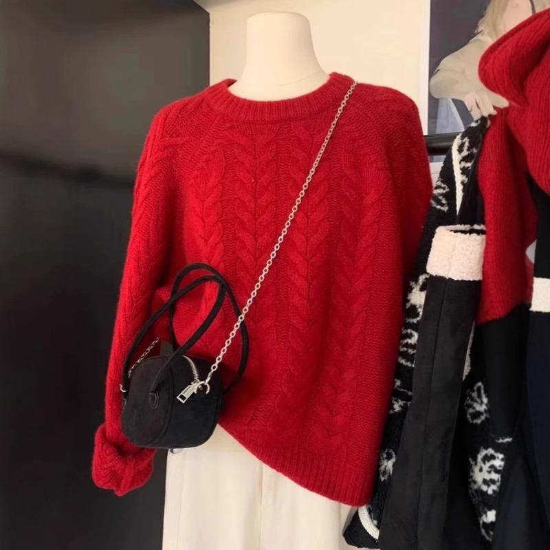 Weihnachtsleben Neujahr Rot Hochwertiger Zopfstrickpullover Damen Herbst und Winter Locker Weich Wachsig Faul Gestrickter Pullover Top