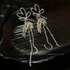 Silver Needle Diamond Heart Earrings: European & American Fashion Long Tassel Bow, Vintage Style for Women.