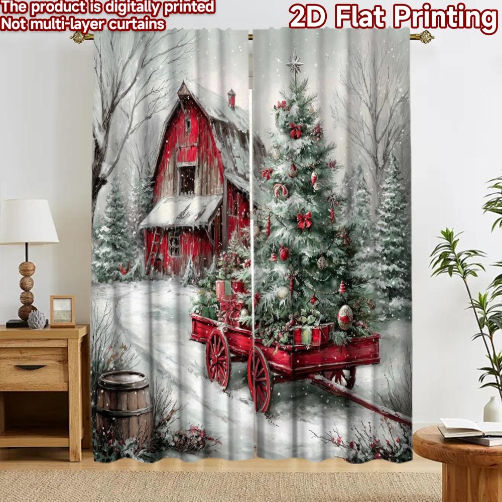 2D Flat Printing 2pcs Curtain Drapes Christmas Tree and Barn Digital Printed Polyester Drapes Holiday Decorations for Outdoor