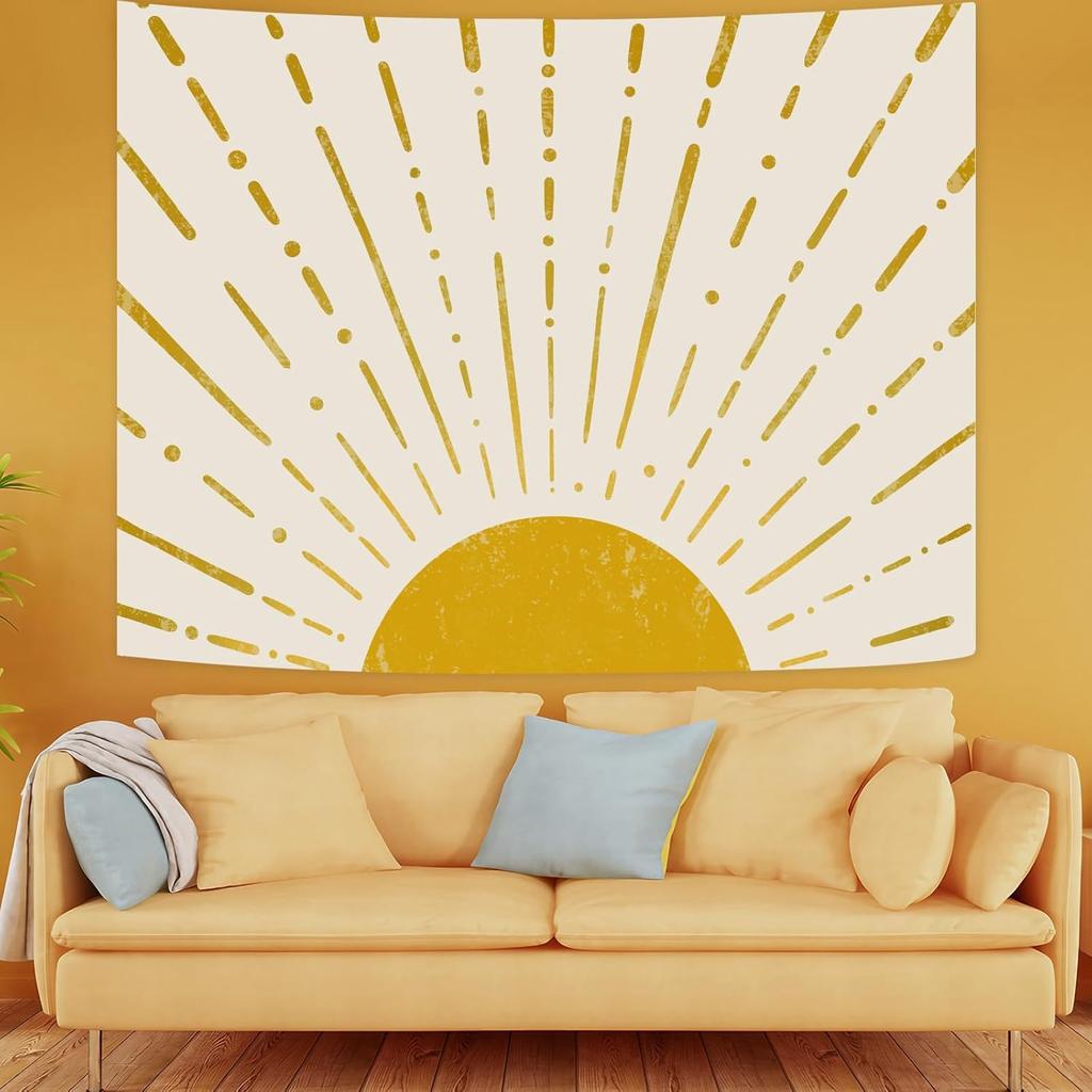 Kanuyee Gold Boho Burning Sun Tapestry Wall Hanging, Retro 70s Abstract Vintage Geometric Line Sunrise Tapestries for Bedroom Living Room Backdrop