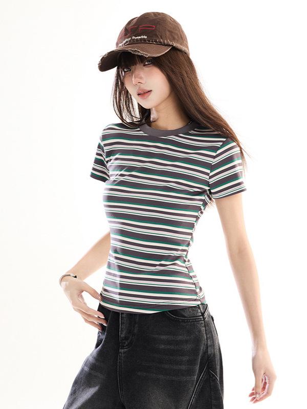 Retro Striped Slim Fit Cropped Short Sleeve T-shirt - Early Spring Petite Millennium Style