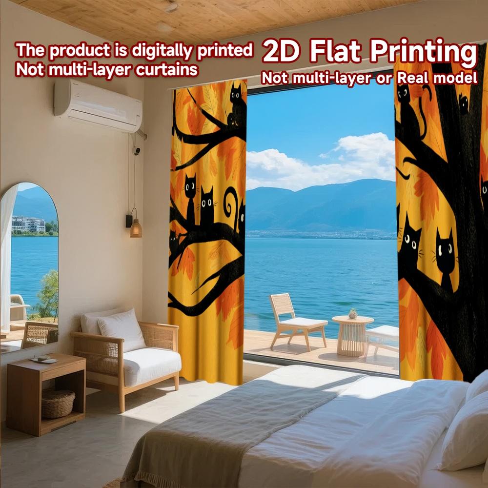 2D FLAT PRINTING 2pcs Curtains (Without Rod) Halloween Black Cats in Tree Ramadan holiday curtains Polyester Curtains