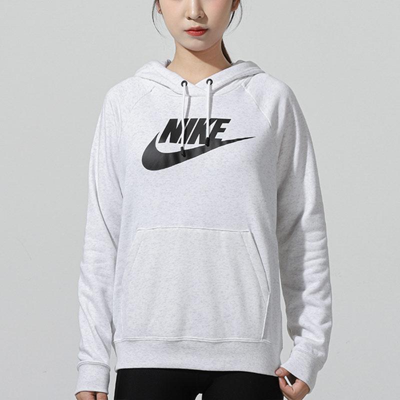 Nike Sportswear Essential Logo Print Knit Hoodie Pullover Women Tops Gray BV4127-051