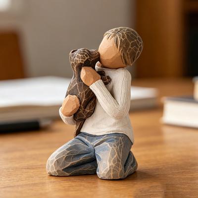 Puppy And Boy Figurine Kneeling Boy In Blue Jeans Holding Dog Statue Resin Sculpture for Bedroom Office Desk Bookshelf Decor Gifts for Dog Lovers