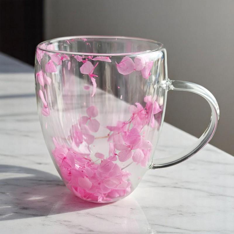 Szklanka Termiczna Z Hortensją Podwójne Ścianki Róż Kawa Herbata 300Ml
