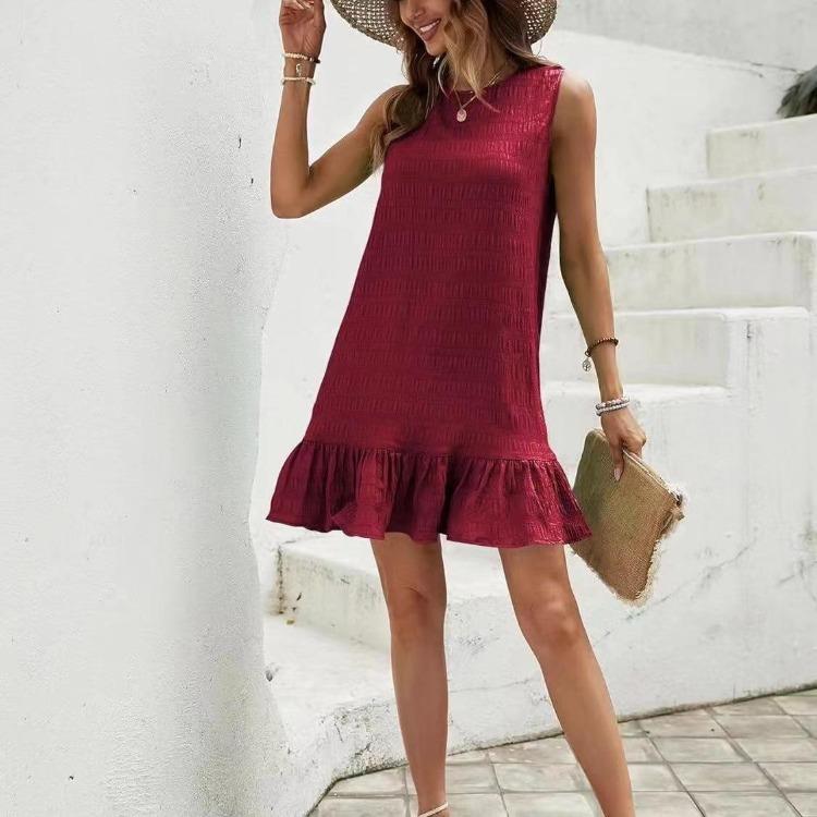 Dámské letní bez rukávů s vysokým pasem áčkového střihu mini šaty jednobarevné plisované jarní ležérní