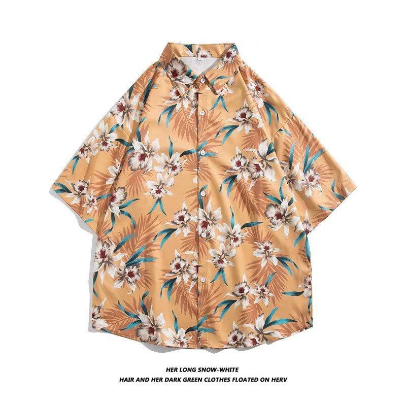 

Летняя мужская модная гавайская рубашка в корейском стиле с коротким рукавом с цветочным дизайном, повседневные пляжные рубашки с цветочным принтом, одежда для морского курорта желтого цвета