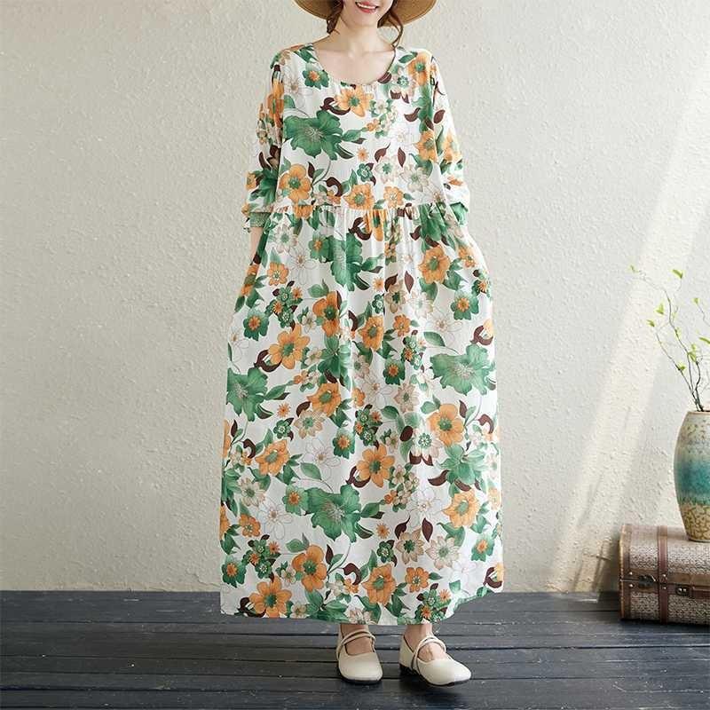 

Big Size Long Sleeve Dress Women Spring and Autumn Printing Loose and Skinny Mom s Long Skirt 3XL