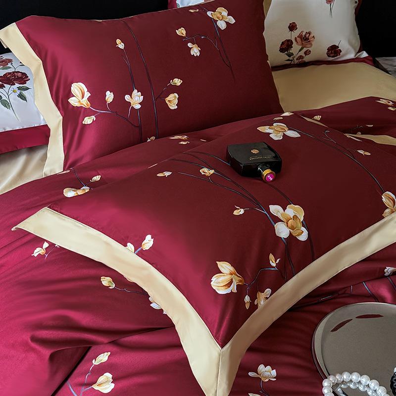 100-Piece Light Luxury Long-Staple Cotton Reactive Print 4-Piece Bedding Set with Wide-Edge Bed Sheet & Duvet Cover