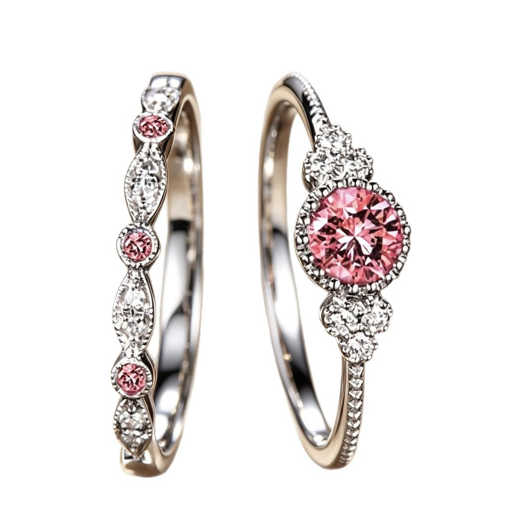 Luxury Ring, Fashion Versatile Zircon Ladies Ring, Two-piece Micro Pink Gemstone Ring Jewelry