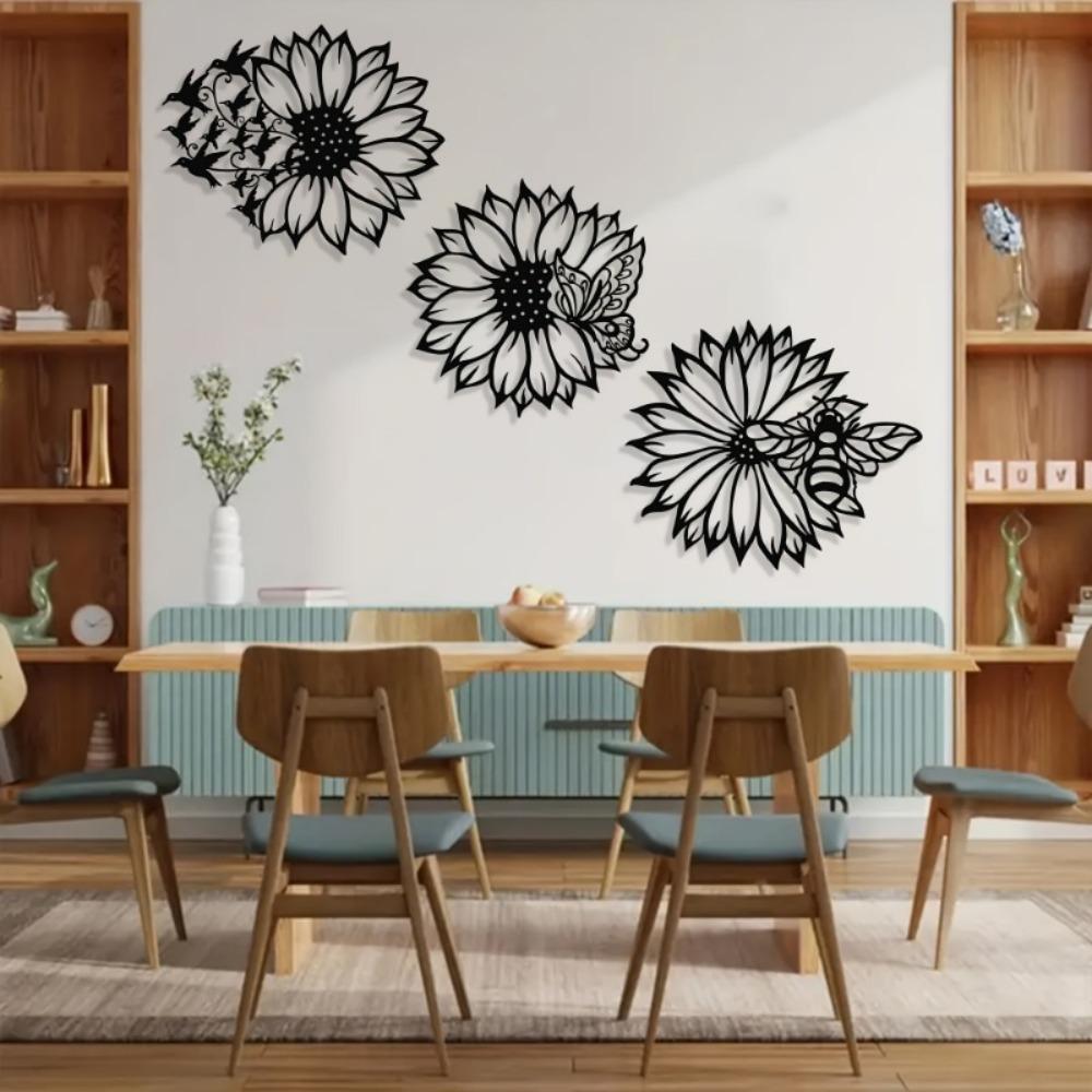 Modern Black Wrought Iron Sunflower Wall Art, Hummingbird Butterfly Bee Metal Sculpture for Living Room Bedroom Bathroom Office Decor