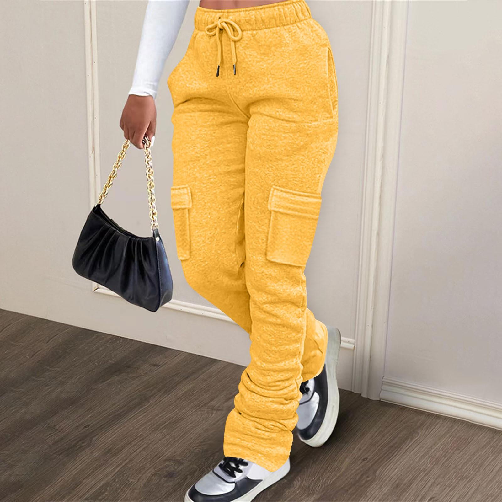 

Женские повседневные спортивные брюки-карго, плиссированные спортивные брюки-джоггеры, зимние спортивные брюки с завязками на ворсе и карманами XXL жёлтый