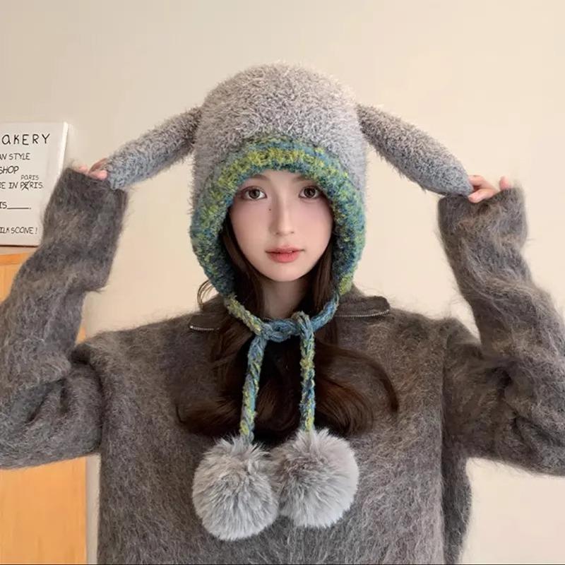 New Cute Rabbit Ear Hat for Women In Autumn and Winter Thickened Bicycle Hat Bag Integrated Knit Plush Hat