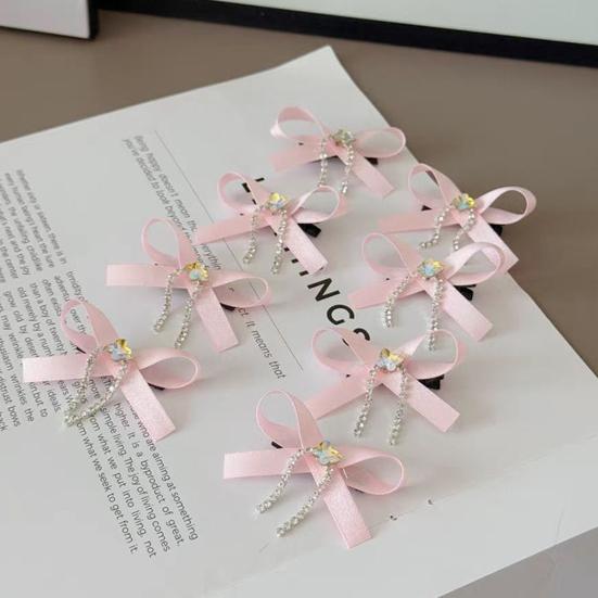 2Pcs Hairpin Soft Ribbon Bowknot Decor Smooth Edges No Hair Pulling Rhinestone Bow Chain Tassels Hair Clip Kids Hair Accessories
