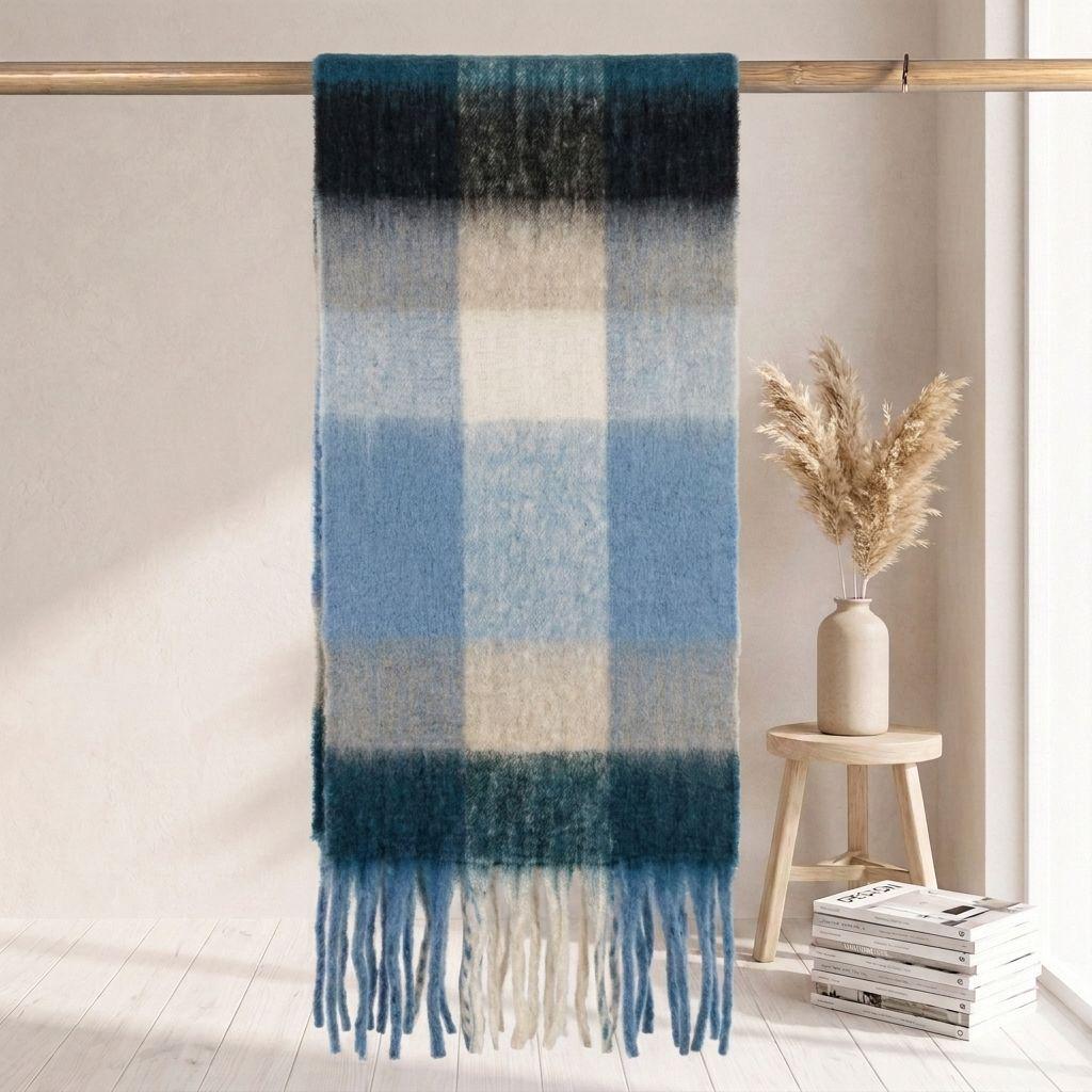 Women's High-Grade Colorful Plaid Mohair Scarf - Thick, Warm, and Versatile for Winter