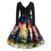 Women's Retro Long Sleeve V-Neck Halloween Witch Print Party Dress