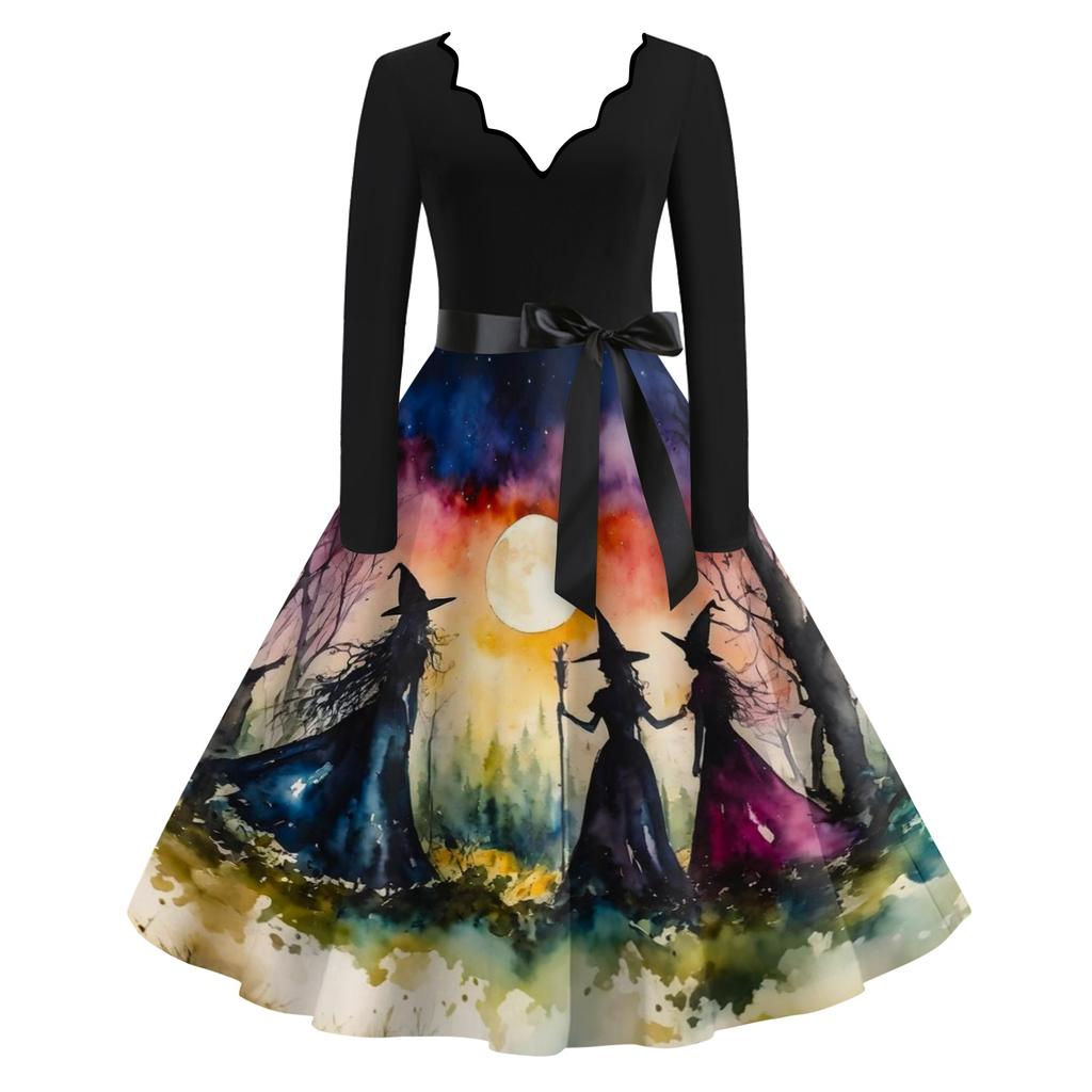 Women's Retro Long Sleeve V-Neck Halloween Witch Print Party Dress