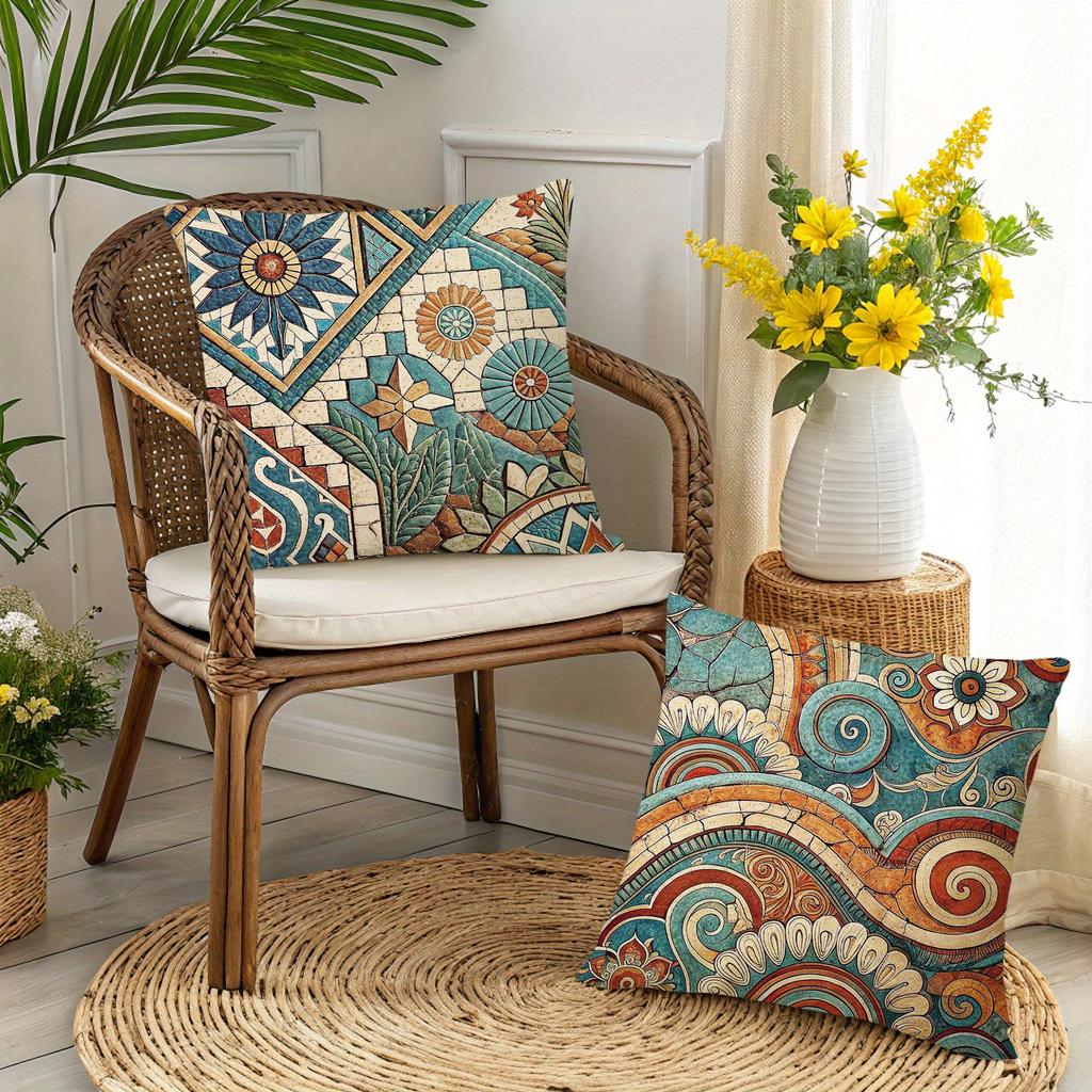 4pcs Linen Pillow Covers 45x45cm Ethnic Vintage Boho Cushion Cases Moroccan Tile Floral Pattern for Sofa Bed Decor Zipper