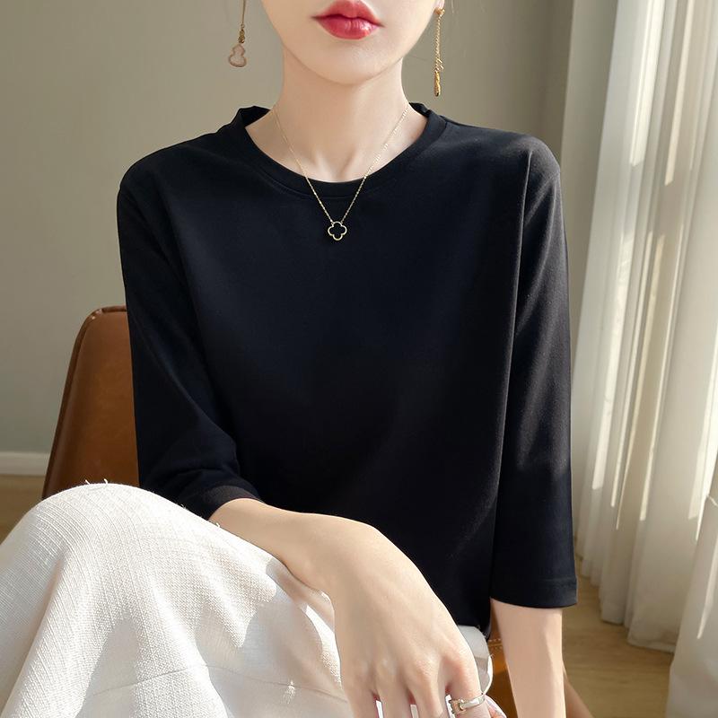 Women's Mercerized Cotton Solid Color Mid-Sleeve T-Shirt