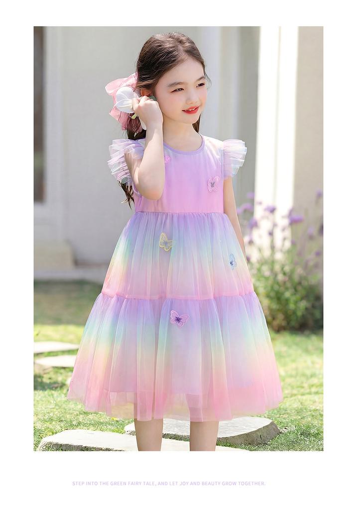 Irregular Gradient Mesh Princess Skirt: Sweet Summer Children's Little Flying Sleeve Dress for Girls, Thin Edition
