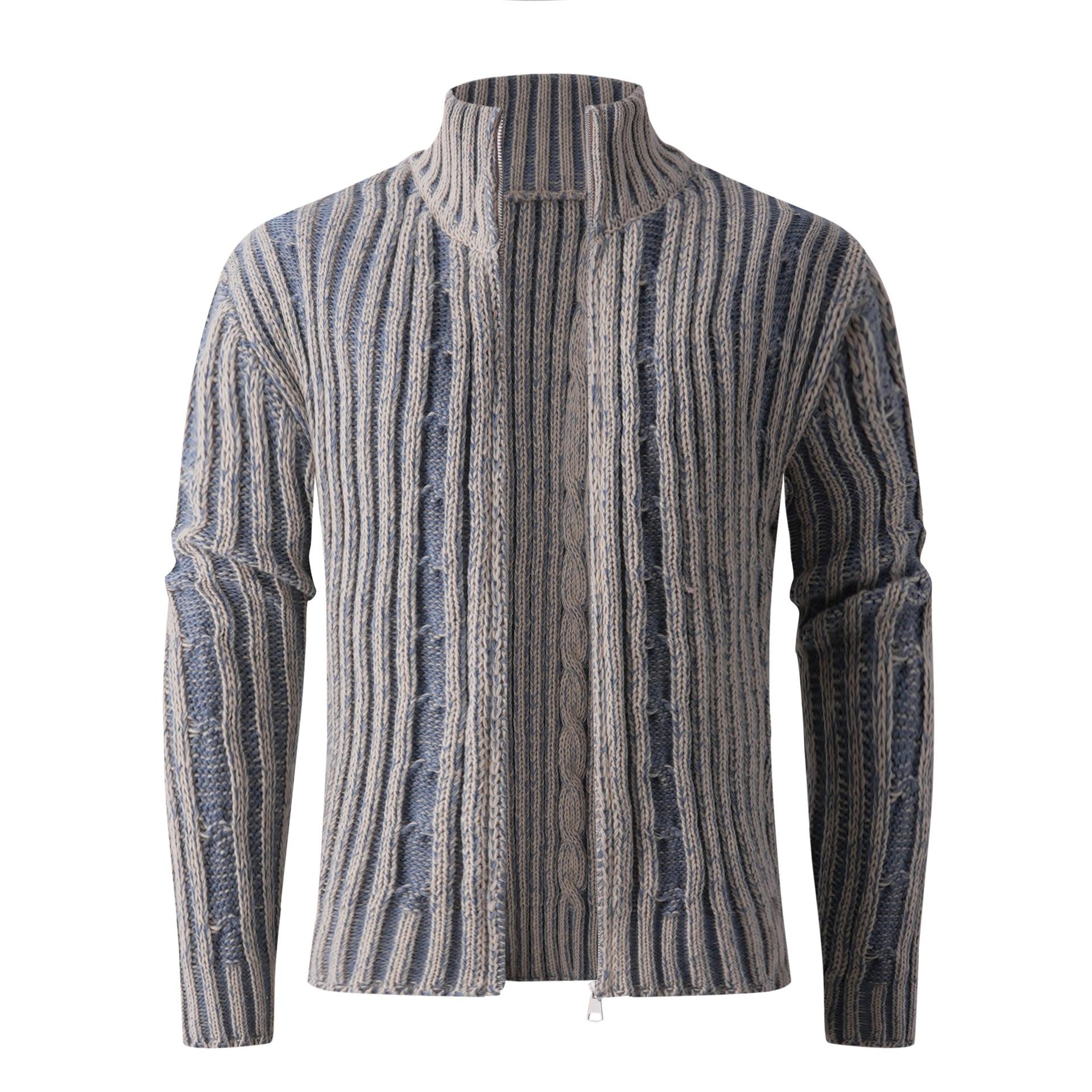 

Осенне-зимний мужской полосатый вязаный свитер в американском стиле с контрастной расцветкой, полуворотником и кардиганом-жакетом 2XL синий