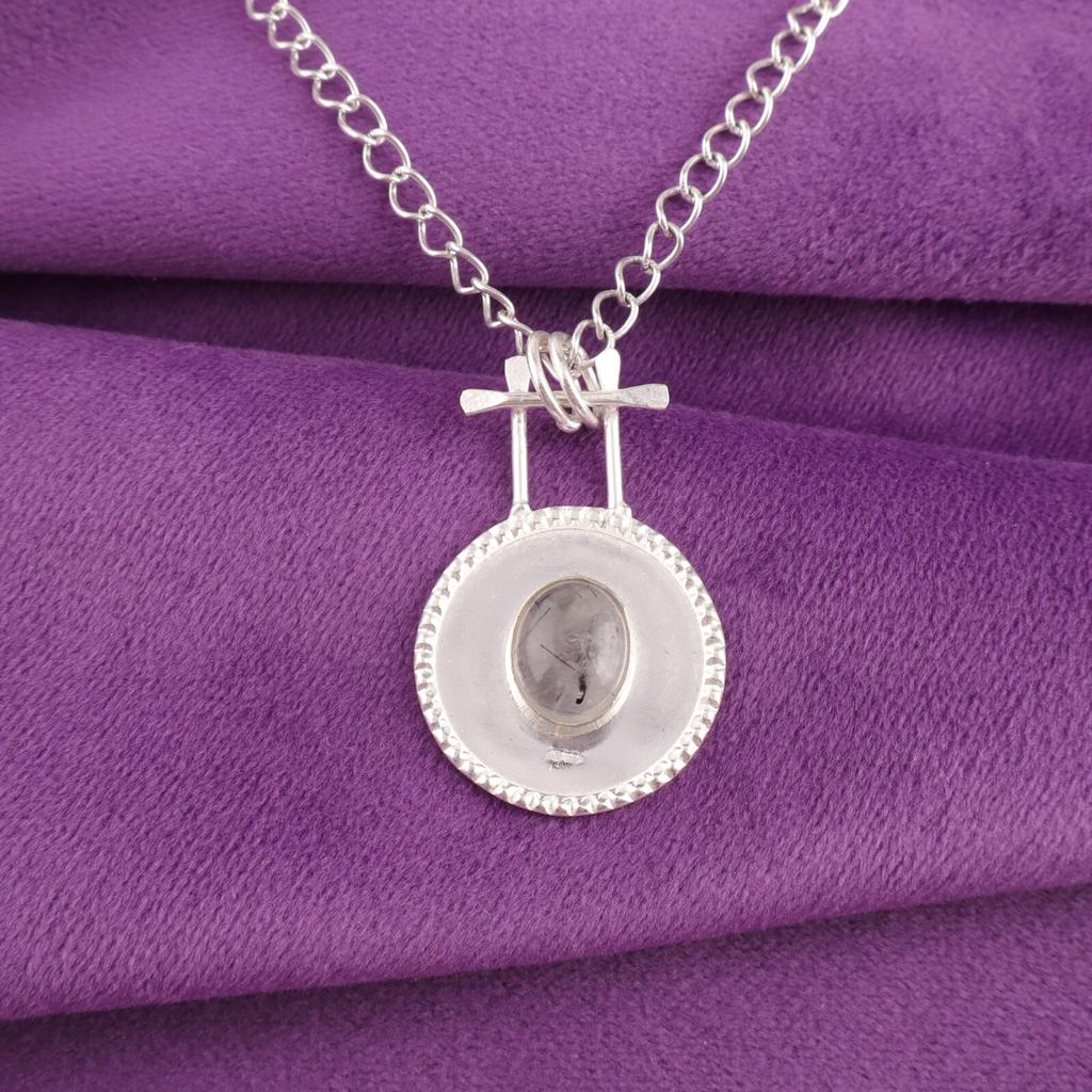 Oval Natural Black Rutile Sisters Day Birthday Gift Pendant 925 Sterling Silver PP-57-33