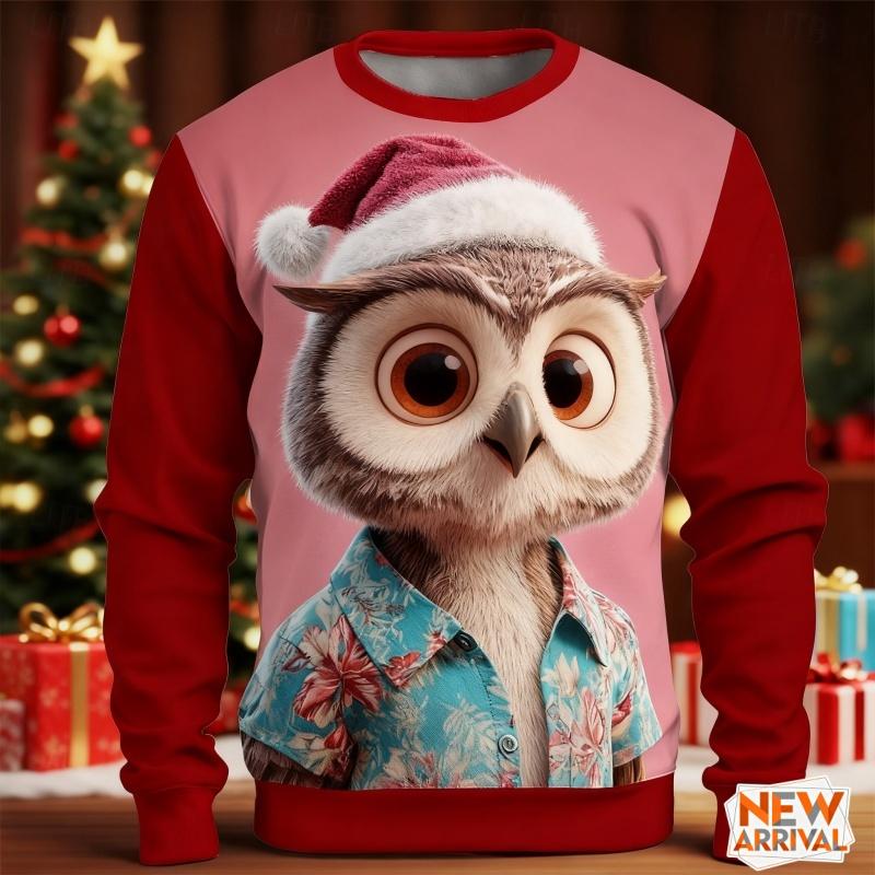 Eekhoorn Uil Beer Patroon Sweatshirts Voor Mannen Vrouwen Kerstmis 3D Geprint Pullover Festival Feest Hoodies Lange Mouwen Ronde Hals Top
