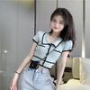 Summer Retro Color Block Knit Top with Turn-Down Collar - Slim Fit Ice Silk Short Sleeve Crop T-Shirt