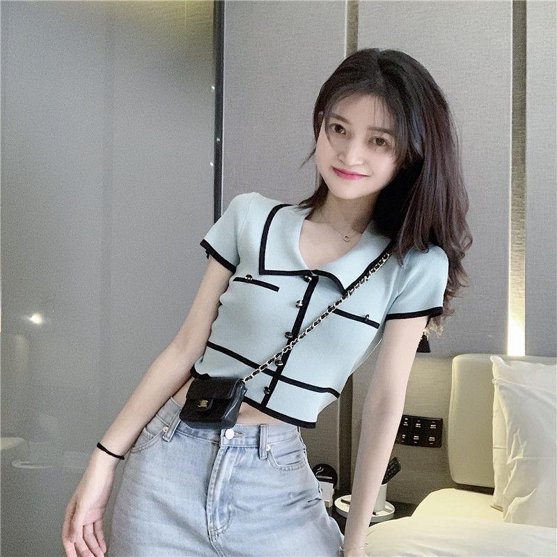 Summer Retro Color Block Knit Top with Turn-Down Collar - Slim Fit Ice Silk Short Sleeve Crop T-Shirt