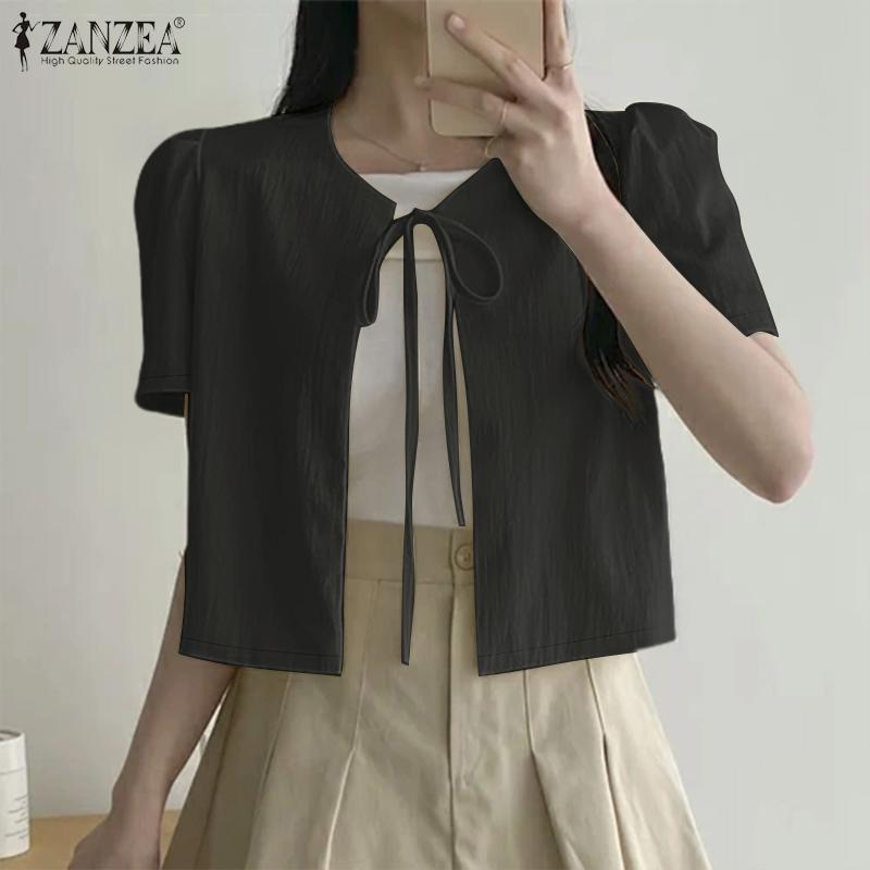 ZANZEA Women Summer Lace Up O-neck Casual Short Sleeve Cover Up Cropped Blouse