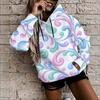 Women Plus Size Wave Printed White Long Sleeve Drawstring Hoodie Pullover With Kangaroo Pocket