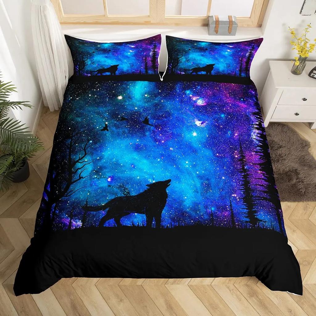 Boys Wolf Duvet Cover Set Queen Size, Boho Wolf Wildlife Animal Bedding Set Men Galaxy Dream Catcher Moon Polyester Quilt Cover