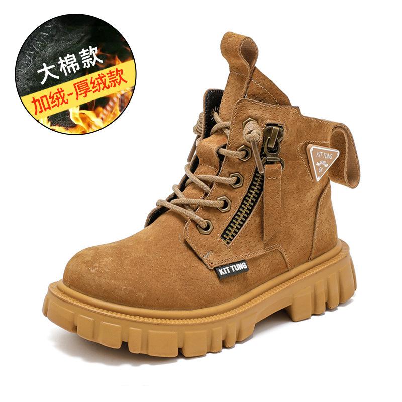 Fashion retro children's Martin boots autumn and winter new leather single boots velvet British style casual non-slip boys short boots