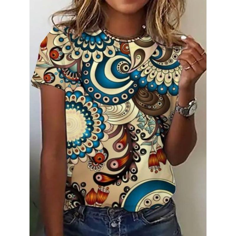 Summer Round Neck 3D Flower Print Top Fashionable Casual Short Sleeved Women's T-shirts