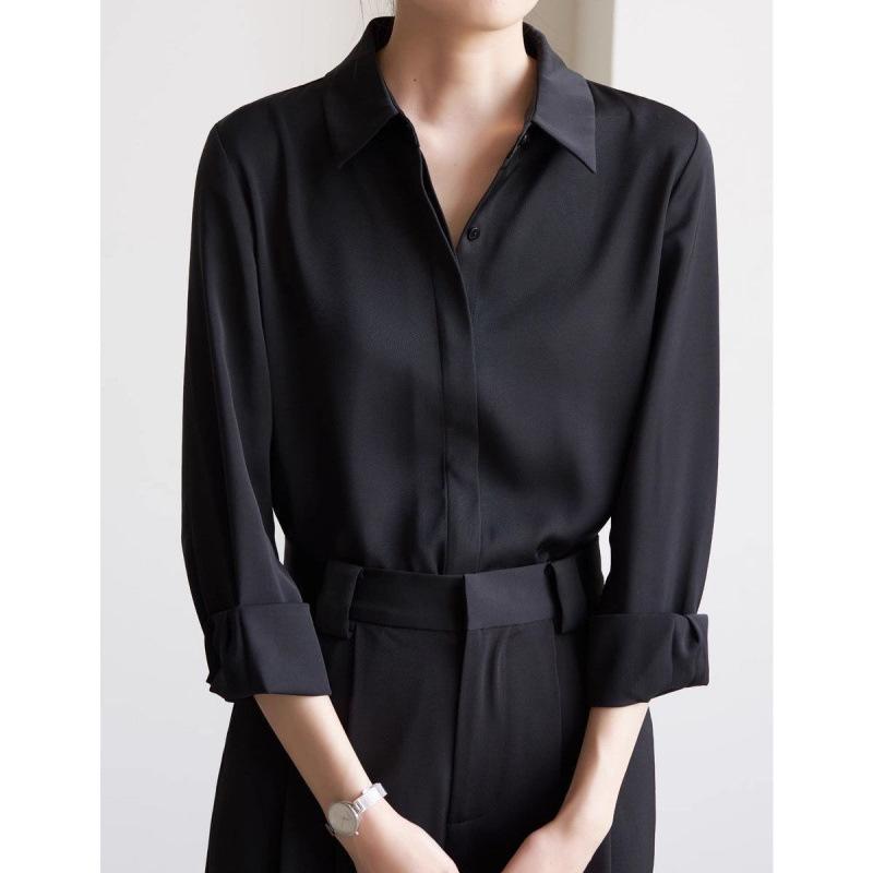 Camicia Nera da Donna Resistente alle Pieghe a Manica Lunga - Top Professionale per Pendolari Primavera/Autunno